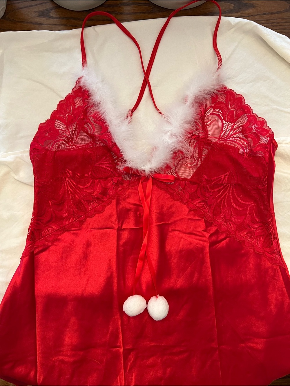 Red Lace & Satin Holiday Chemise with thong panties with White Trim